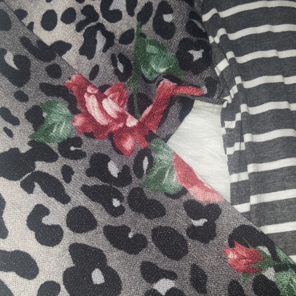 Grey Stripe Hoodie with Leopard and Floral Sleeves - Picture 2 of 4